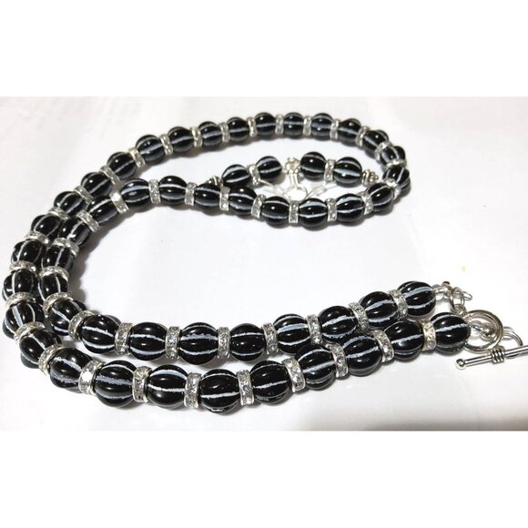 Black & Silver Bead Necklace And Earrings Set With Crystal Accents - Picture 1 of 7